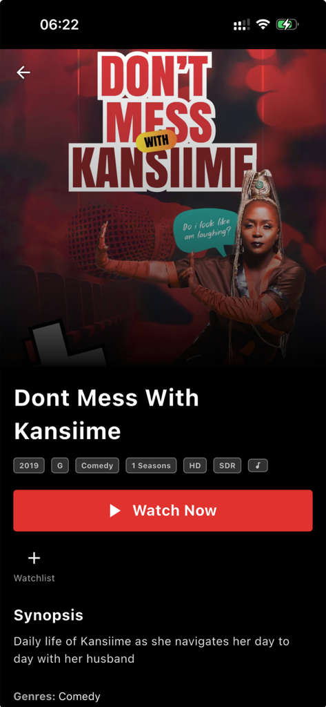 Play It Loud - Mobile screen showing the Play It Loud app interface for the comedy show Dont Mess With Kansiime with a red Watch Now button