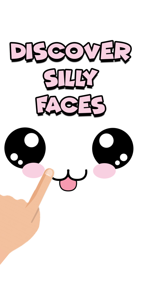 Cute Face:OwO Virtual Pet Game - A cartoon kawaii face with big eyes being poked on the cheek under the text Discover Silly Faces