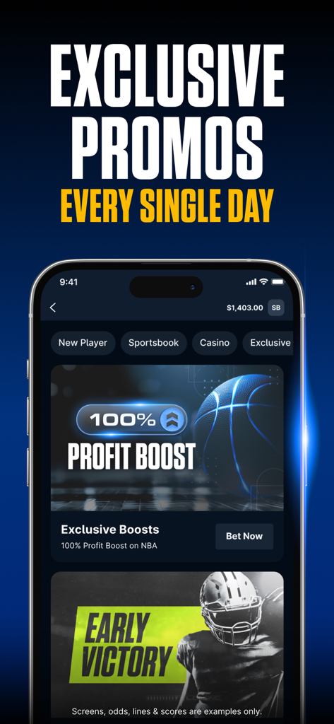 theScore Bet Sportsbook Casino - Mobile interface of theScore Bet app featuring daily exclusive promotions and profit boosts for sports betting.