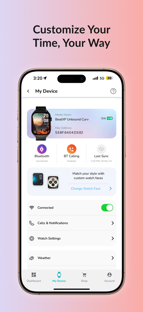 beatXP FIT/TRAK (official app) - beatXP FIT app My Device screen for smartwatch settings and watch face customization
