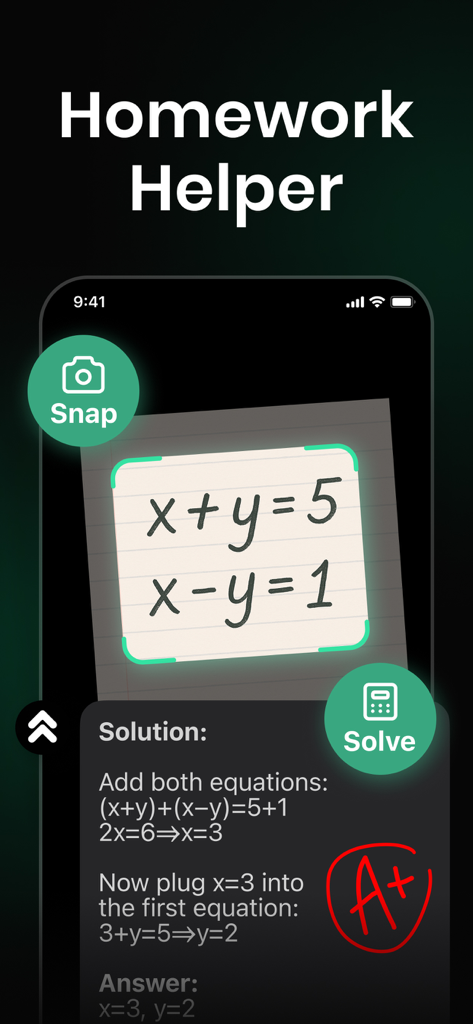 AI Chat Bot Assistant - izi - izi AI mobile app interface solving a math equation from a photo with step by step explanation