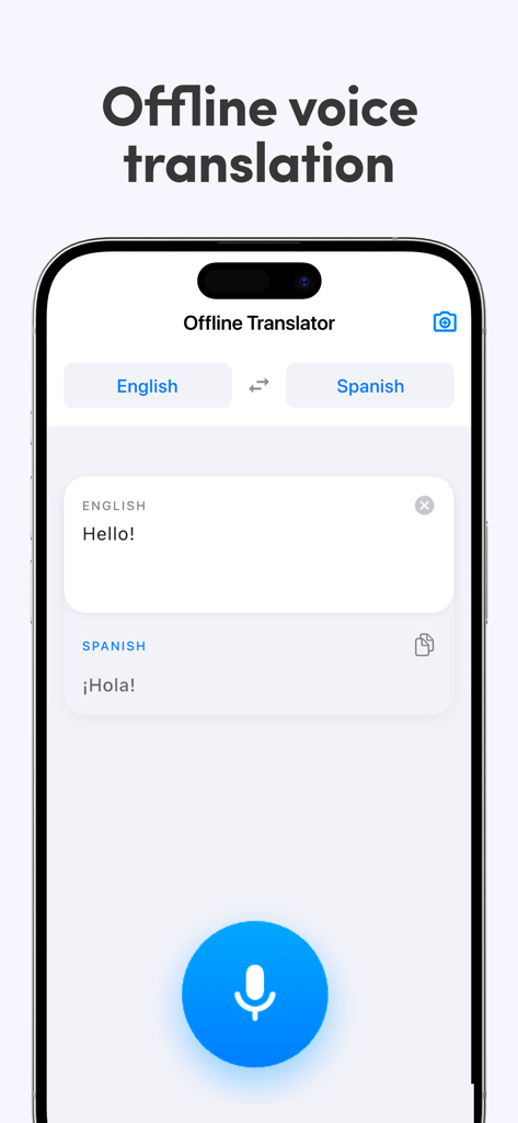 Offline Translator - OT Pro - Mobile app interface for offline voice translation from English to Spanish