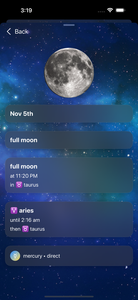 Detailed astrological view of the moon phase and sign changes in the Full Moon Phase app.