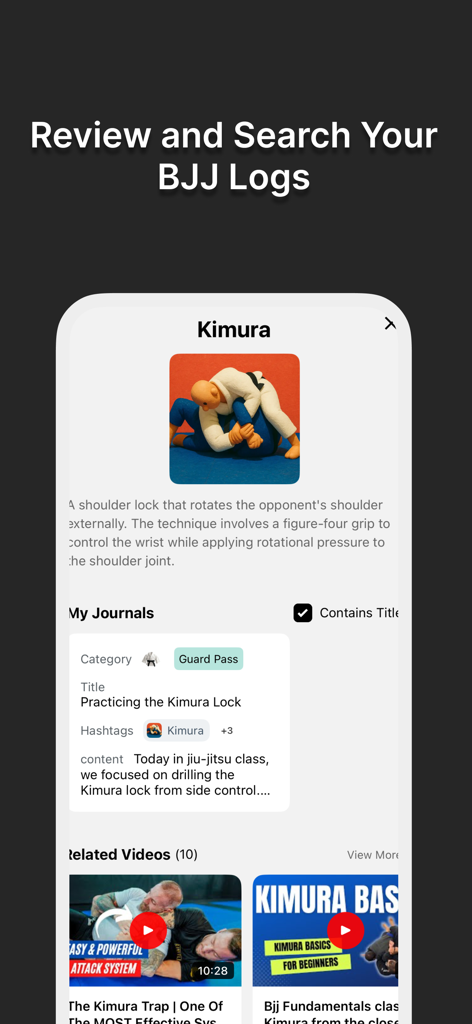 키무라 어깨 잠금에 대한 주짓수 훈련 로그 및 기술 세부 정보 검토를 위한 인터페이스