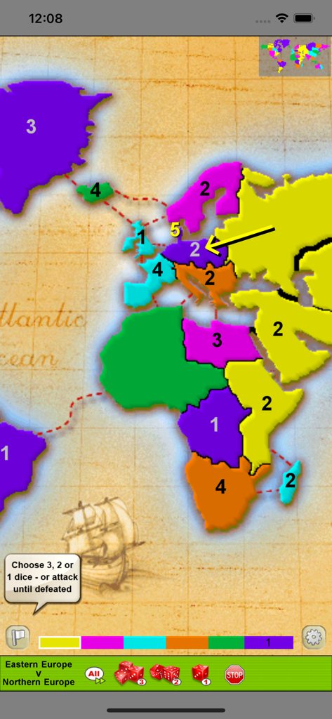 Conquestゲームのデジタル世界地図で、領土と戦闘選択用のサイコロが表示されています