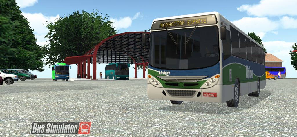 BUSTOP Bus Simulator 2026 - A white Manhattan Express bus at a bus terminal in the BUSTOP Simulator game