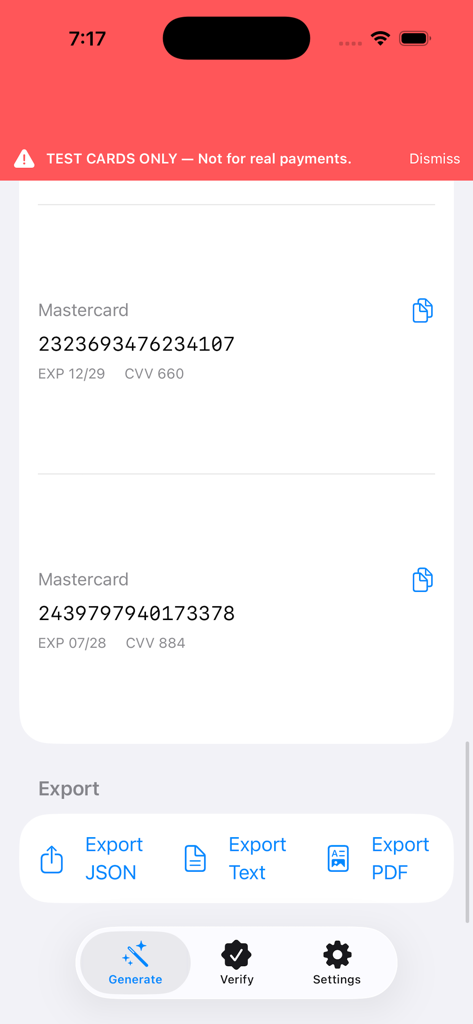 Credit Card Generator - Interface of a developer tool showing generated test credit card numbers with options to export as JSON, text, or PDF.