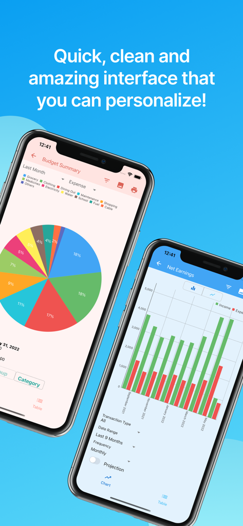Bluecoins Finance & Budget - Bluecoins app interface displaying expense pie charts and net earnings bar graphs on two mobile phones