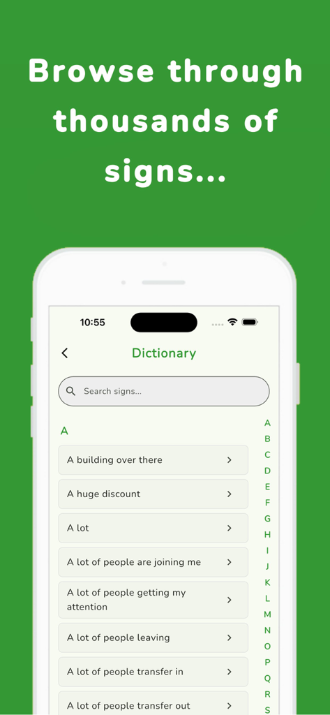 SignSchool app dictionary screen displaying a list of American Sign Language phrases