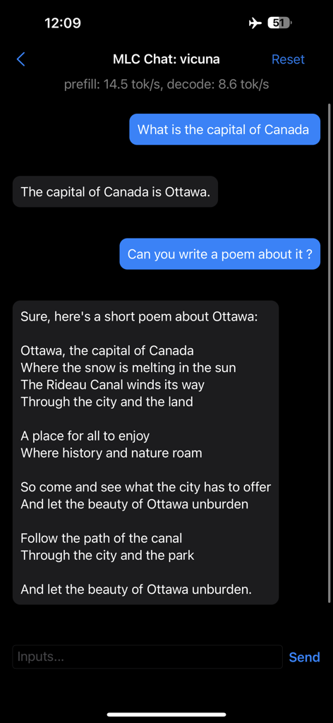 MLC Chat - Screen showing MLC Chat running Vicuna locally on iPhone with chat history and performance metrics.