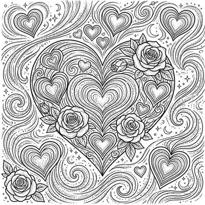 Drift into a cosmic romance with this exquisite Moon Dust Valentine's Day coloring page. It features a grand heart, intricate roses, and celestial swirls, perfect for an enchanting artistic escape.