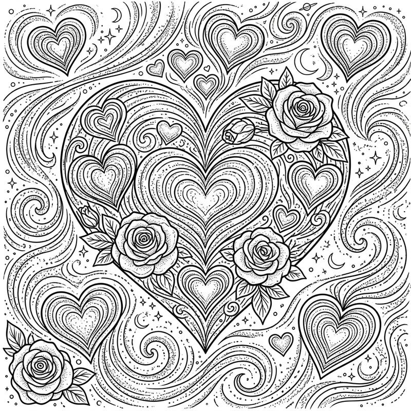Drift into a cosmic romance with this exquisite Moon Dust Valentine's Day coloring page. It features a grand heart, intricate roses, and celestial swirls, perfect for an enchanting artistic escape.