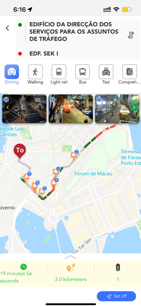 Macao Smart Go app displaying a driving route on a map with real-time traffic camera images and trip duration details