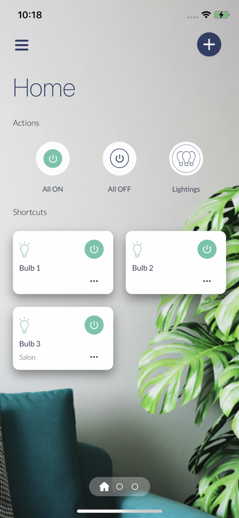 The home dashboard of the AwoX HomeControl app featuring quick action buttons and individual smart bulb shortcuts.