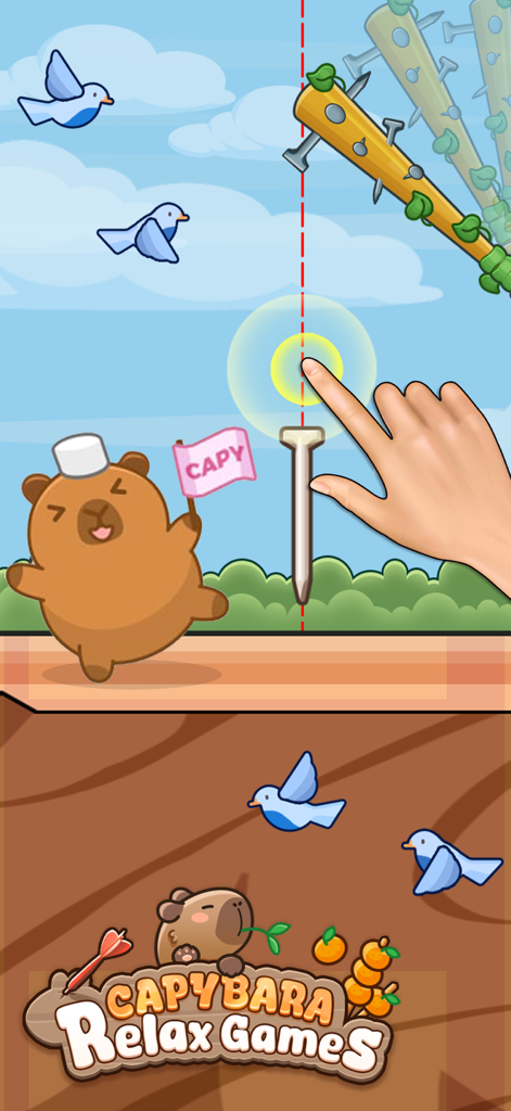 Capybara Relax Offline Games - A cute capybara character in an aesthetic 2D relaxing mini game with a hand interacting on screen