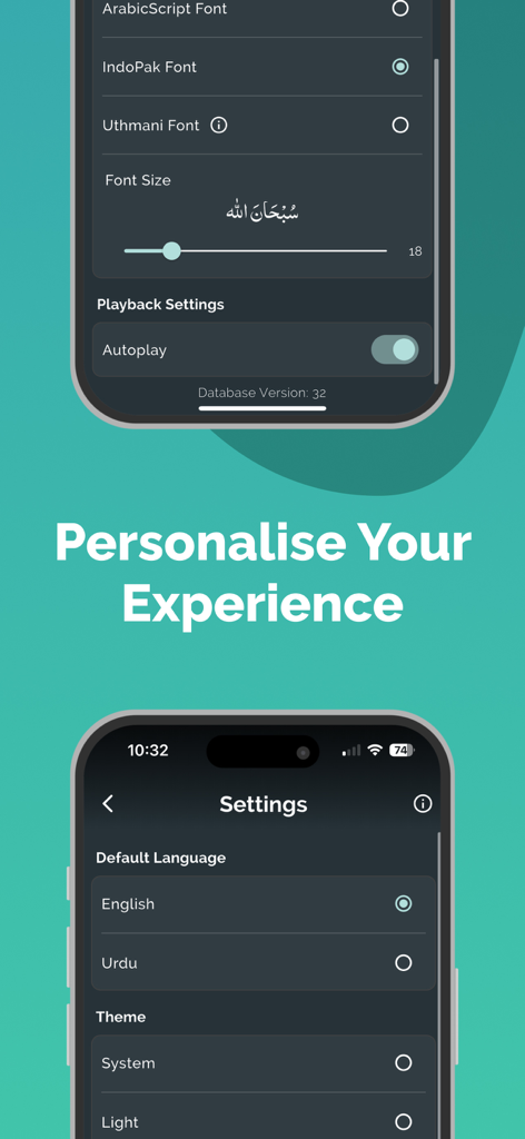 Wa Iyyaka Nastaeen - Settings screen showing font selection language options and theme customization in the Wa Iyyaka Nastaeen app