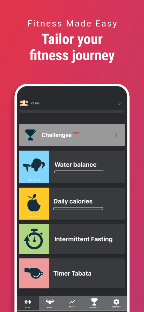 BeStronger Home workouts - Panel de la app BeStronger mostrando herramientas de fitness para el equilibrio hídrico, el seguimiento de calorías y el ayuno intermitente.
