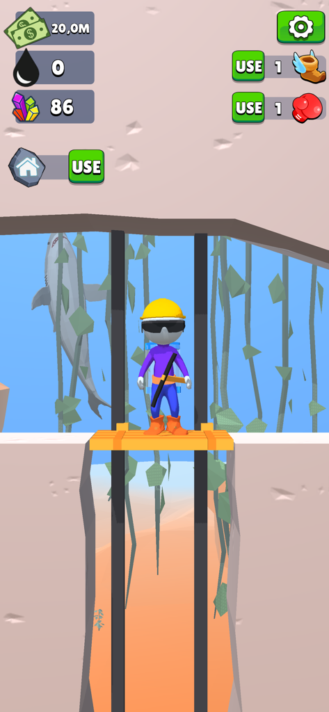 Oilman! - Un personaje en el juego Oilman de pie sobre una plataforma de madera sobre un profundo pozo vertical con un tiburón y algas en el fondo.