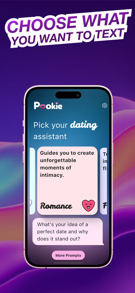 AI Dating Assistant・Rizz App - Interface do assistente de namoro com IA Rizz mostrando um prompt de texto com tema romântico para aplicativos de namoro.