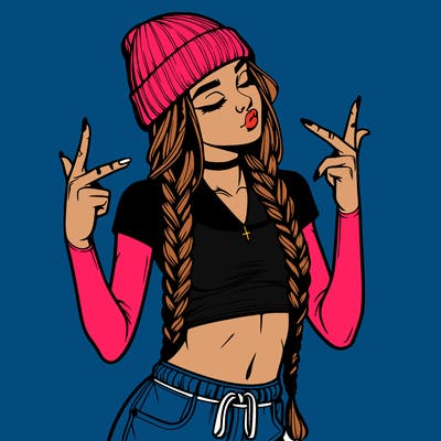 realistic teenage girl with braids and a beanie and crop top doing 🫶🏼
