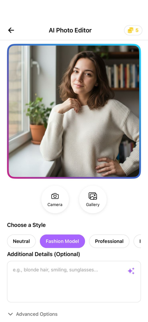 Interface of the GenLook AI photo editor showing a portrait and style selection options for fashion models and professionals.