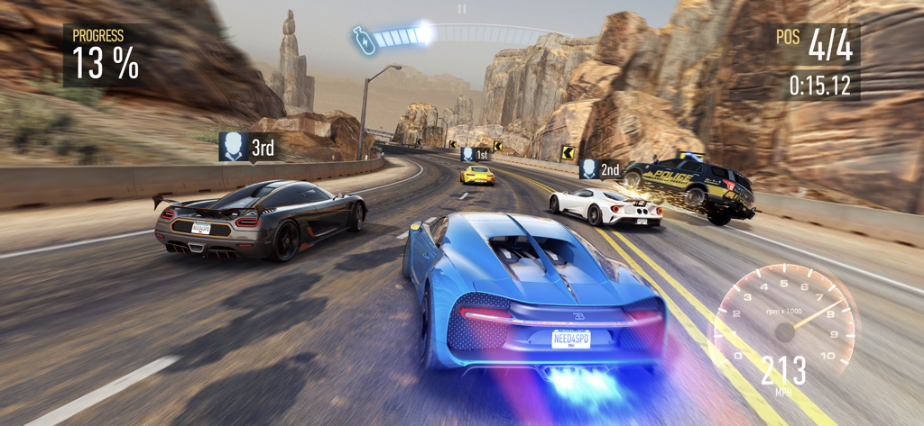 Action-packed race in Need for Speed No Limits featuring a blue supercar using nitro and a police car crashing in a desert canyon environment.