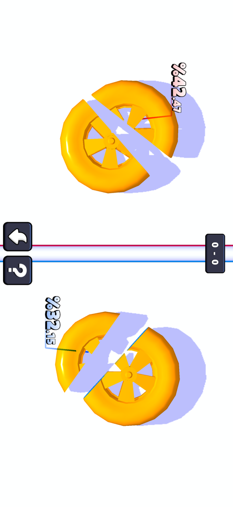 No internet games - Split-screen local multiplayer view of the Perfect Cut mini-game where two players compete to cut a wheel in half.