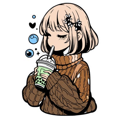 manga girl drinking boba in cozy sweater