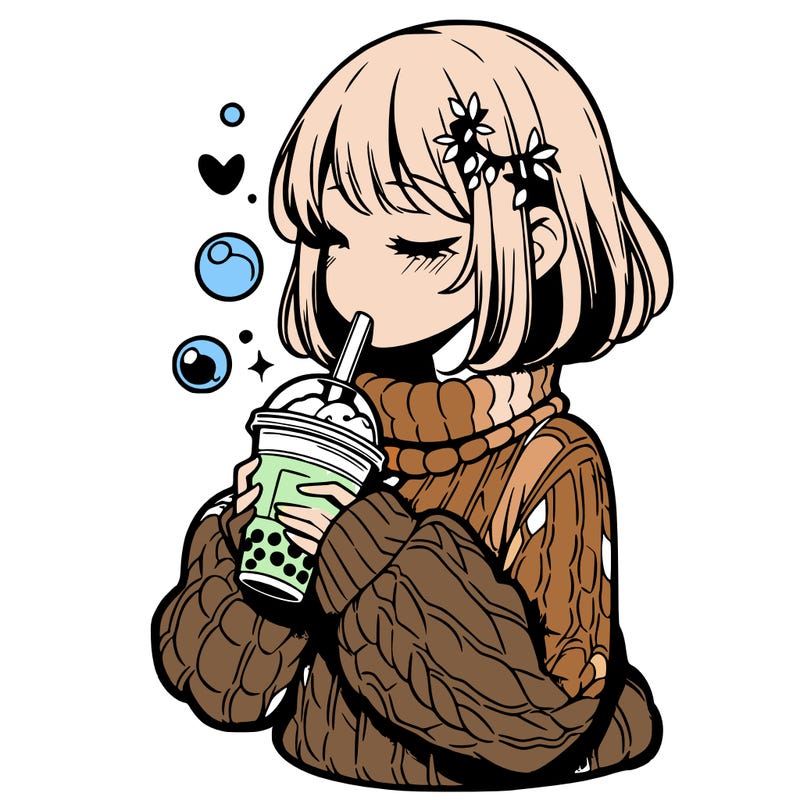manga girl drinking boba in cozy sweater