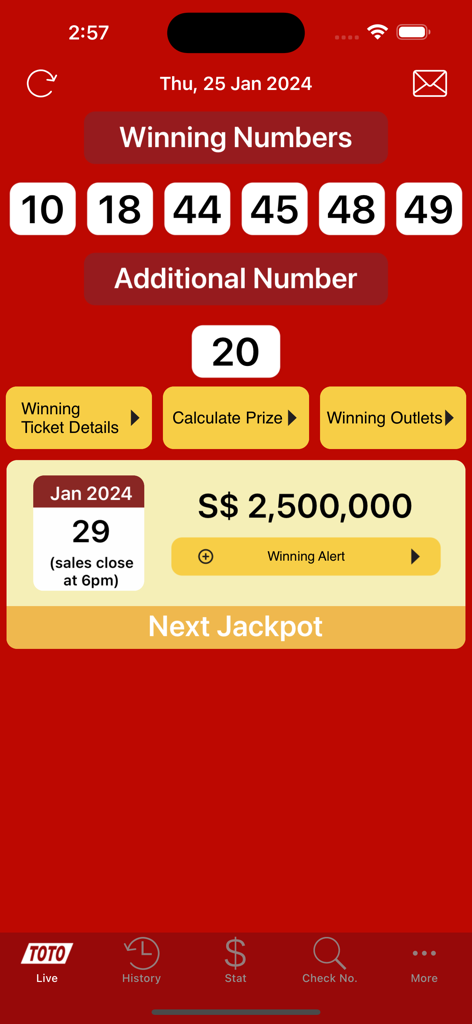 SG Live TOTO - SG 라이브 TOTO 앱 화면에 복권 당첨 번호와 예정된 잭팟 세부 정보 표시