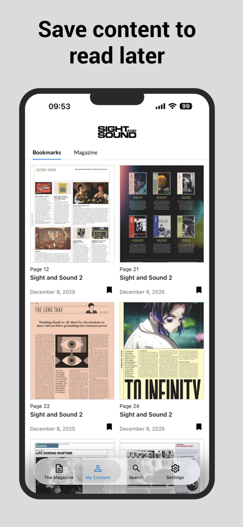 Sight & Sound - Interface of the Sight and Sound app showing bookmarked film magazine pages for later reading.