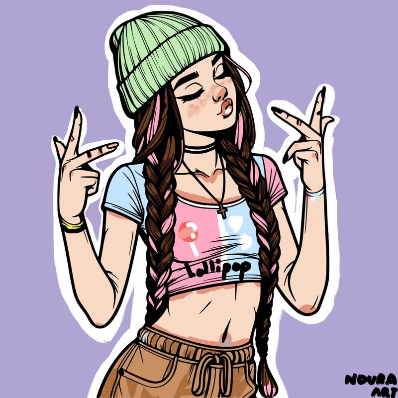 realistic teenage girl with braids and a beanie and crop top doing 🫶🏼
