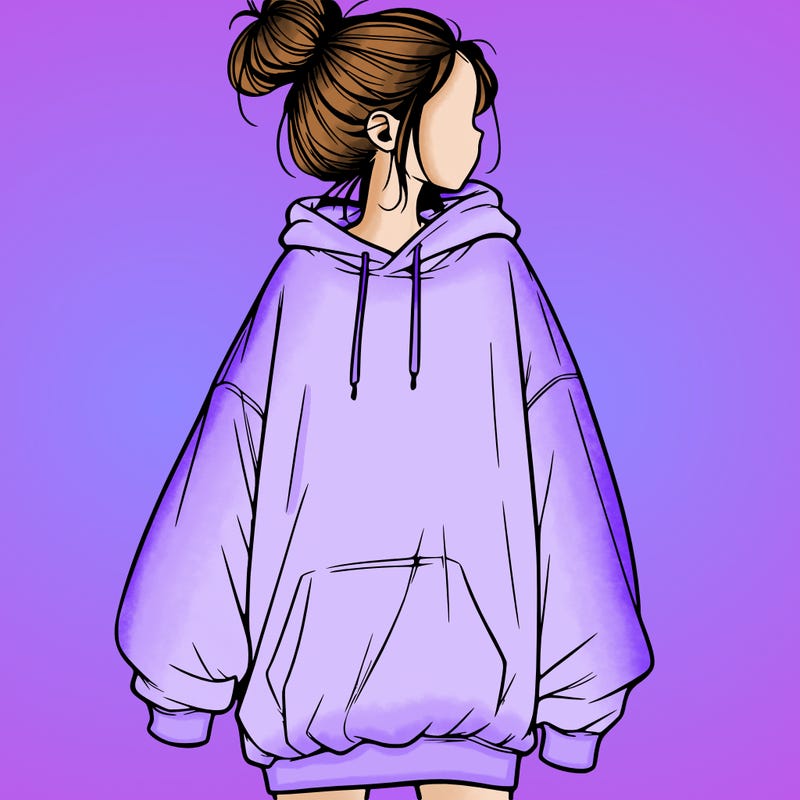 realistic girl with a oversized sweatshirt on and a bun