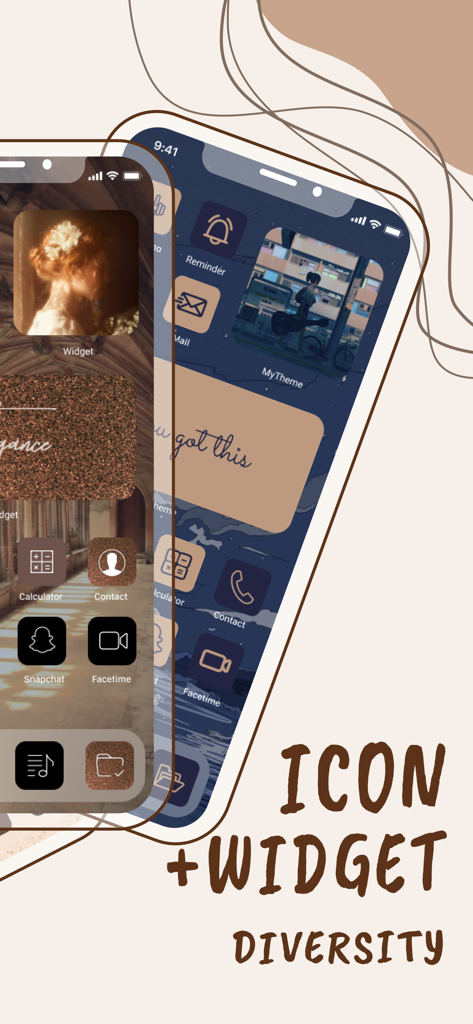 Icon Changer - Aesthetic OS 17 - Two iPhones showcasing various aesthetic app icons and custom widgets for home screen personalization
