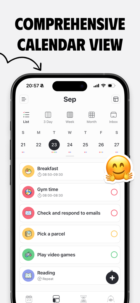 Plan Joy:To-Do List & Reminder - Interface de l'application Plan Joy montrant une vue calendrier complète avec un emploi du temps quotidien et des icônes de tâches colorées sur un iPhone.