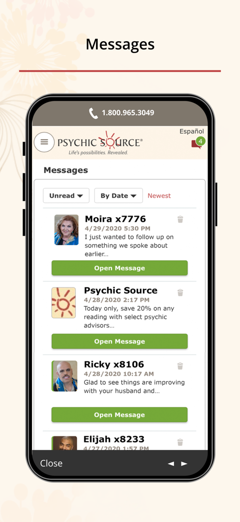 Captura de pantalla de la bandeja de entrada de mensajes en la aplicación Psychic Source que muestra una lista de chats recientes de asesores psíquicos.