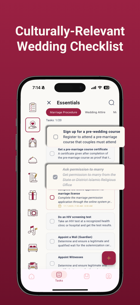 Interface of akad Planner app showing a culturally relevant wedding checklist for Malay marriage procedures.