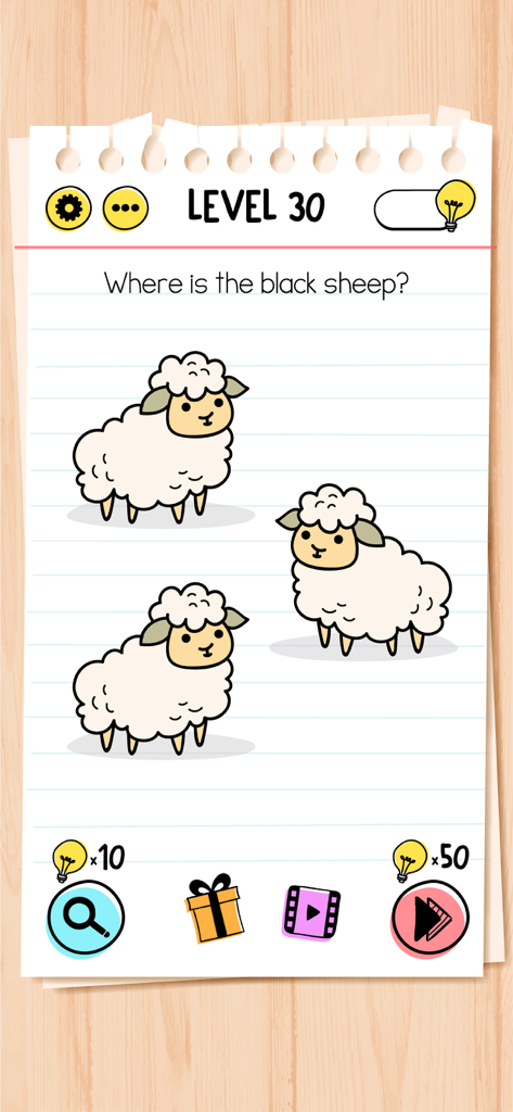 Puzzle di Brain Test livello 30 che chiede dov'è la pecora nera con tre pecore bianche su sfondo di taccuino.