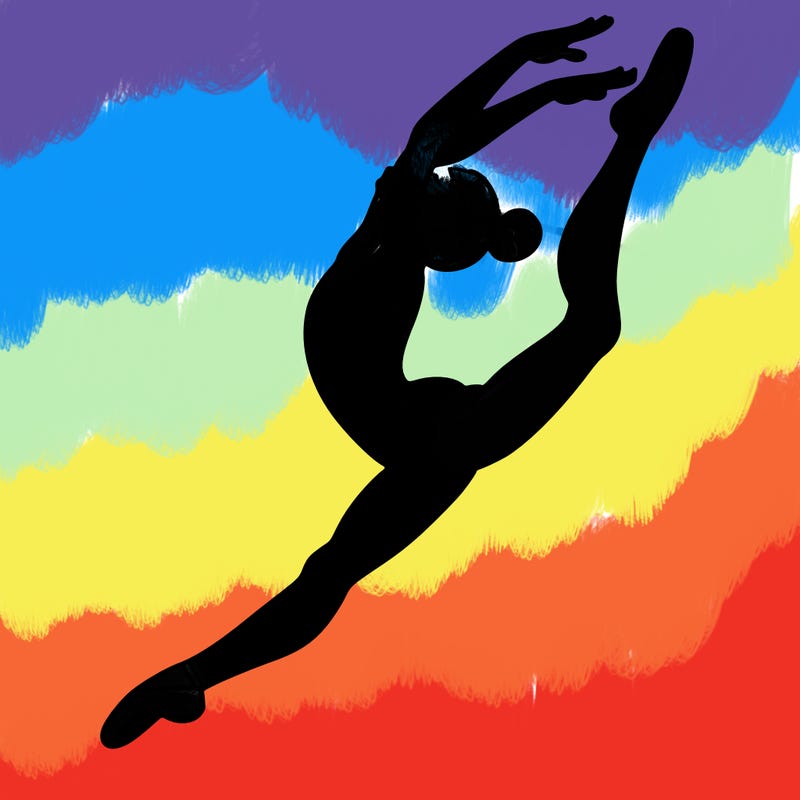 gymnast doing a leap in a leotard with a bent back leg