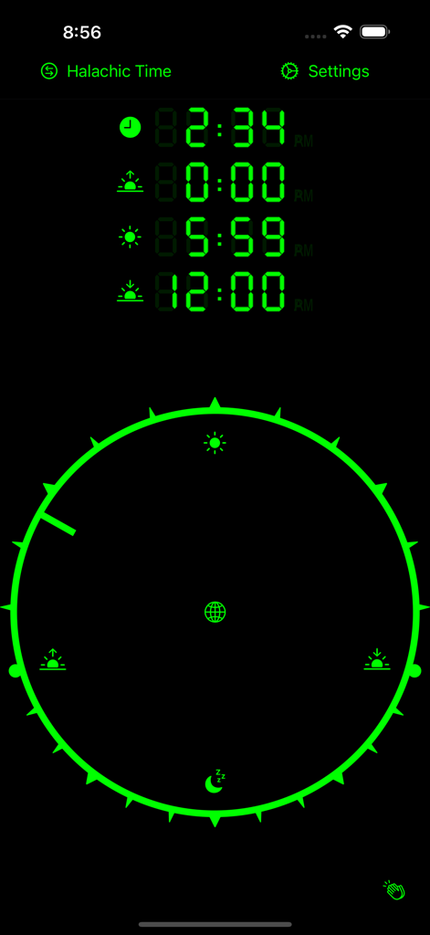 デジタルサンダイアルアプリのインターフェース、ハラハー時間の計算とネオングリーンの円形太陽ダイアルが表示されている