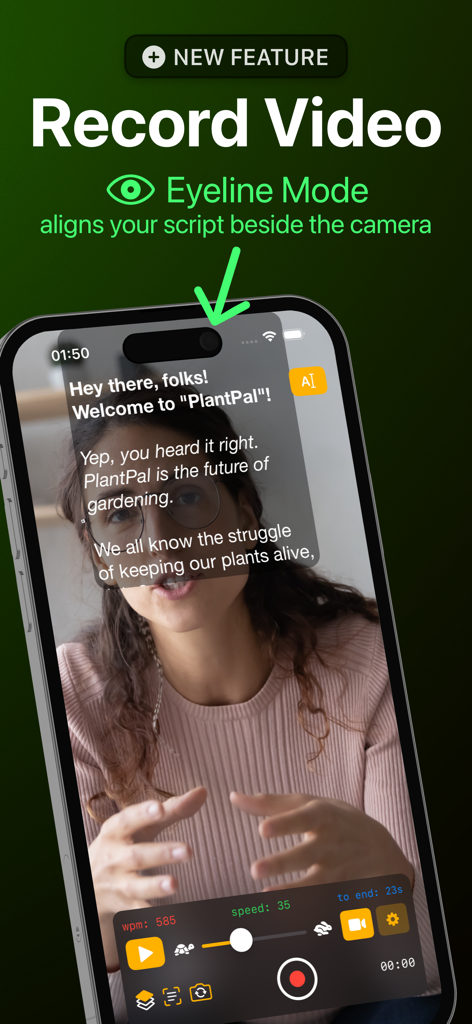 Telepromptr - iPhone showing Telepromptr app recording video with Eyeline Mode feature