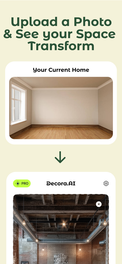 Decora AI: AI Room Designer - Decora AI app displaying an empty room transformation into an industrial design