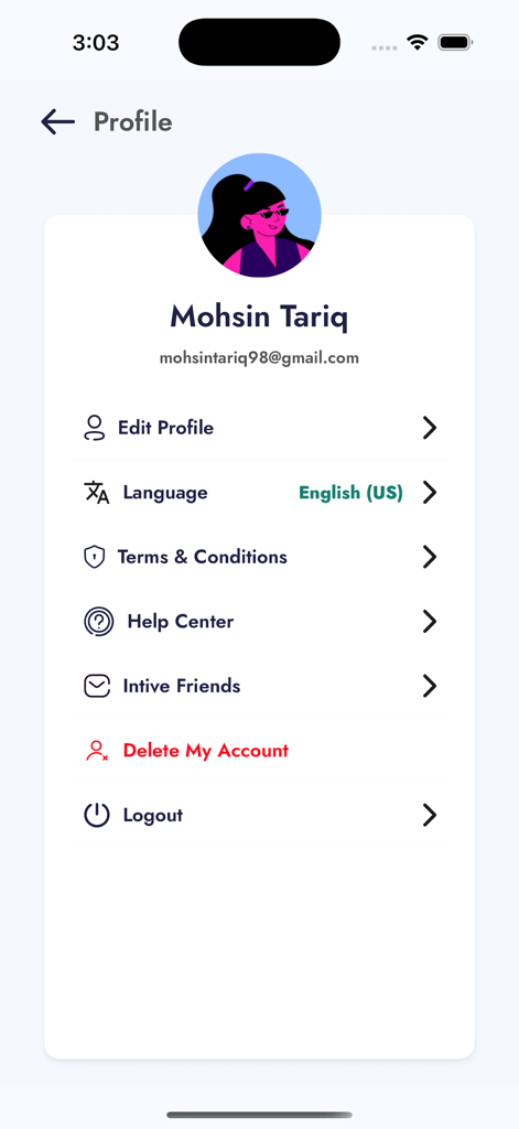 Challe Activity - User profile and settings screen in the Challe Activity app showing account options and personal information.