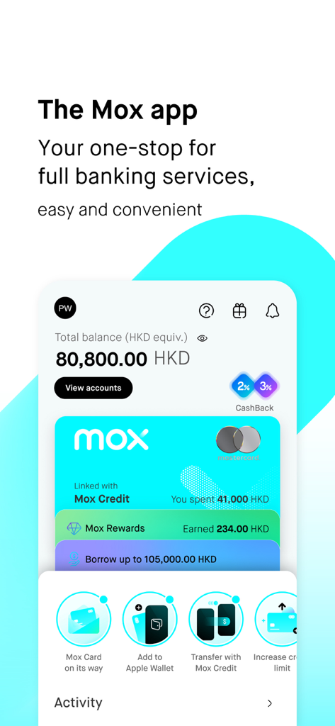 Mox Bank mobile App Dashboard mit Guthaben und digitaler Kartenoberfläche