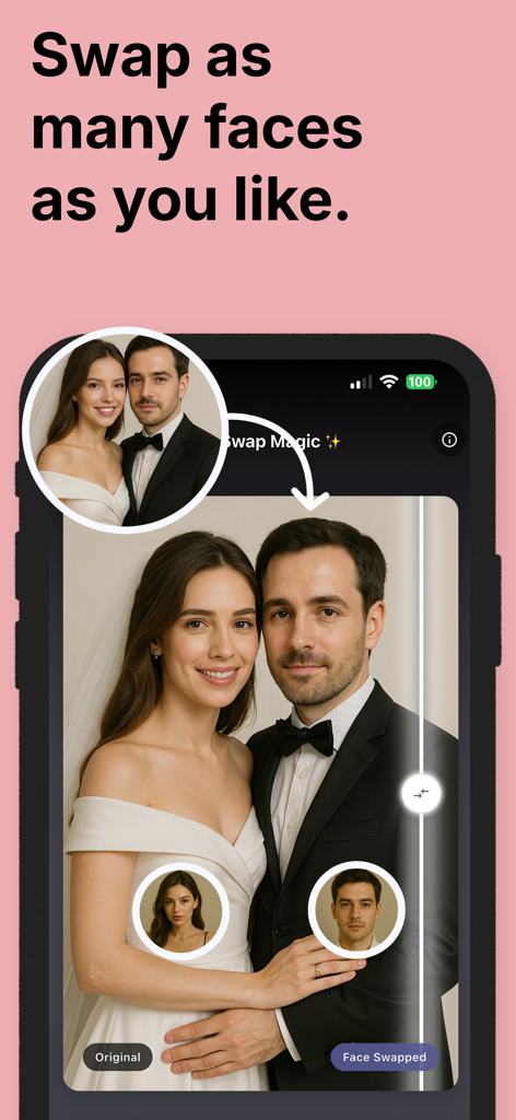 Remage: AI face swap profile - Remage app interface showing the multiple face swap feature on a couple photo