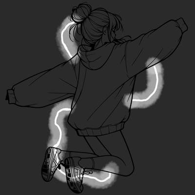 realistic girl jumping with a bun and oversized sweatshirt