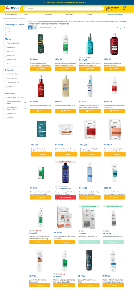 Farmácias Nissei - Uma página de listagem de produtos do site Farmacias Nissei mostrando vários produtos de cuidados com os cabelos e dermocosméticos com preços e filtros.