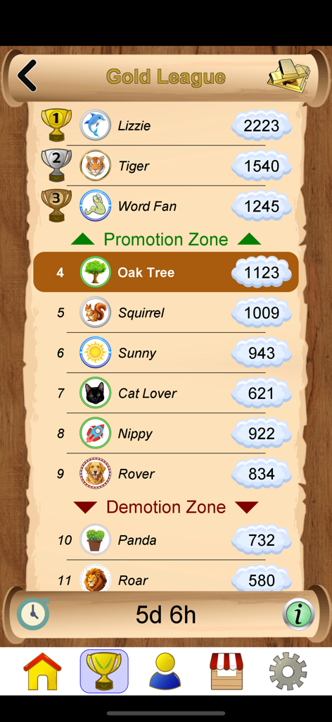Arrow Crossword & Other Games - Arrow Crossword app Gold League leaderboard showing player rankings and scores