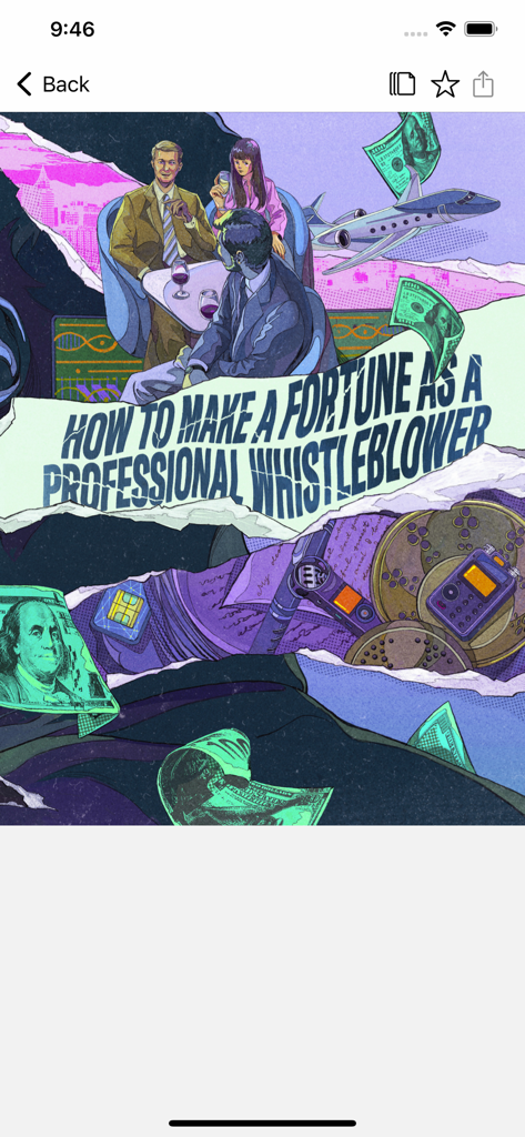 GQ - Pantalla de la app de GQ mostrando un artículo ilustrado titulado Cómo hacerse rico como informante profesional