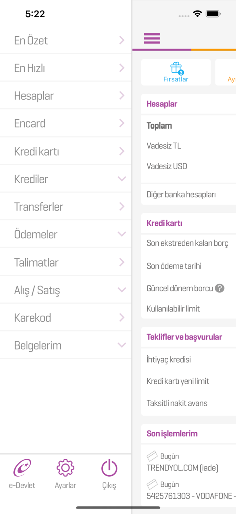 Enpara Bank Cep Şube - Interface of the Enpara Bank mobile app showing the side menu and account dashboard in Turkish